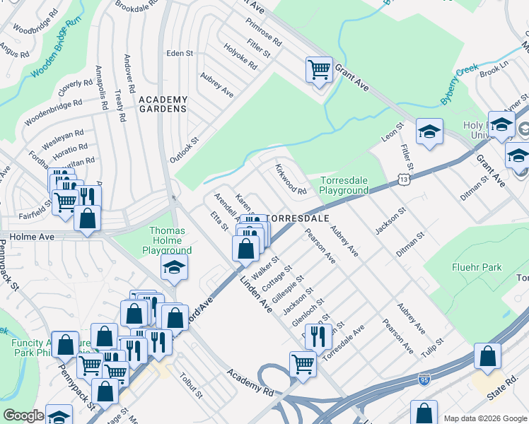 map of restaurants, bars, coffee shops, grocery stores, and more near 3828 Janice Street in Philadelphia