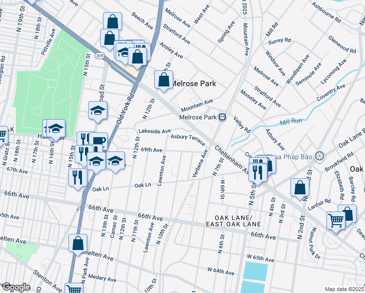 map of restaurants, bars, coffee shops, grocery stores, and more near 1001 69th Avenue in Philadelphia