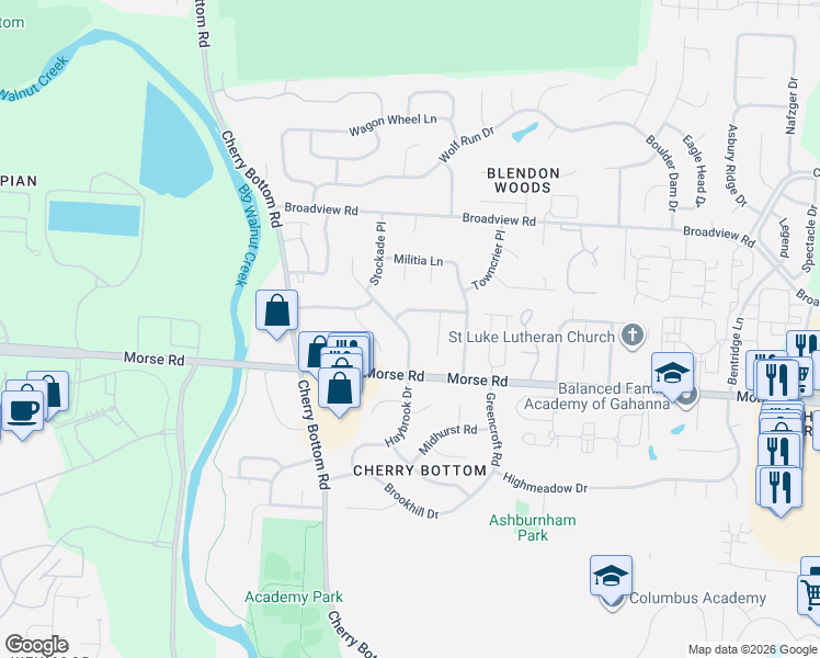 map of restaurants, bars, coffee shops, grocery stores, and more near 4023 Leather Stocking Trail in Columbus