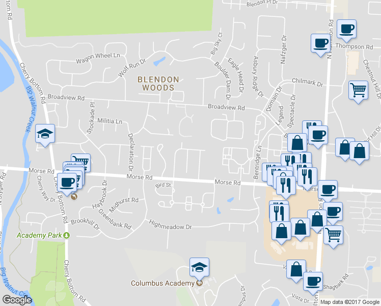 map of restaurants, bars, coffee shops, grocery stores, and more near 3980 Roxham Court in Columbus