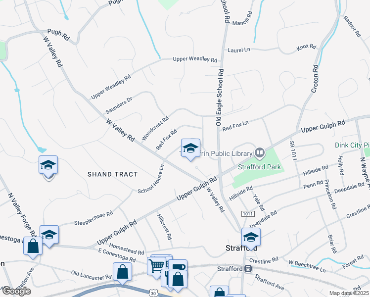 map of restaurants, bars, coffee shops, grocery stores, and more near 432 School Lane in Strafford