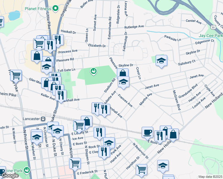 map of restaurants, bars, coffee shops, grocery stores, and more near 643 Juliette Avenue in Lancaster