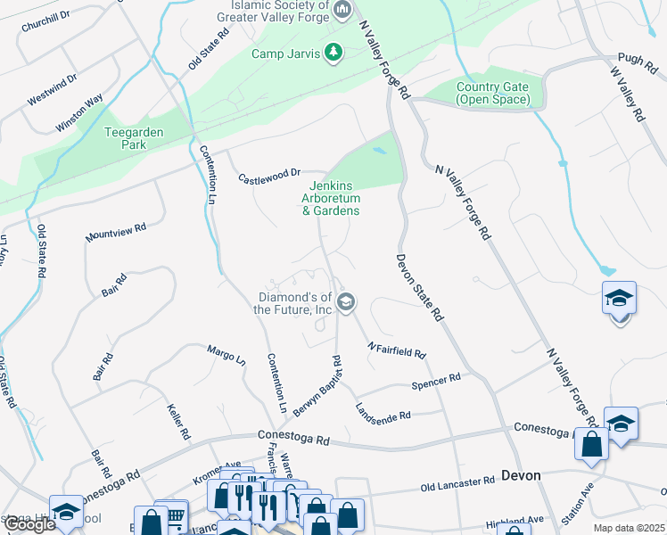 map of restaurants, bars, coffee shops, grocery stores, and more near 527 Berwyn Baptist Road in Devon