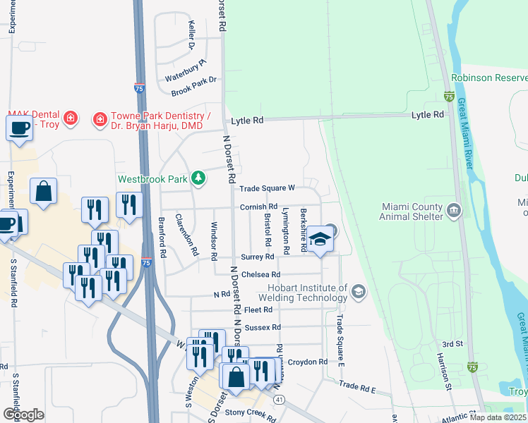 map of restaurants, bars, coffee shops, grocery stores, and more near 1424 Cornish Road in Troy