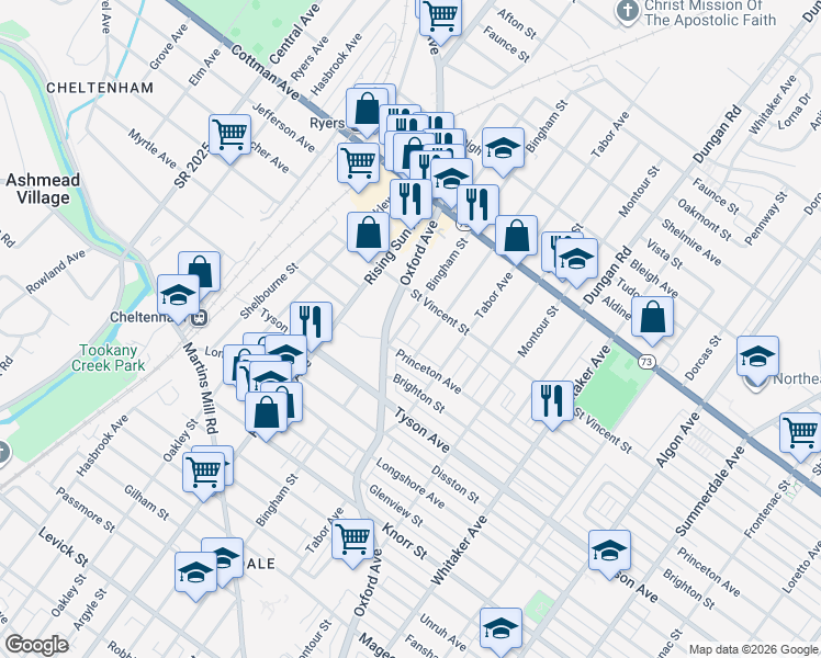 map of restaurants, bars, coffee shops, grocery stores, and more near 7142 Lawndale Avenue in Philadelphia