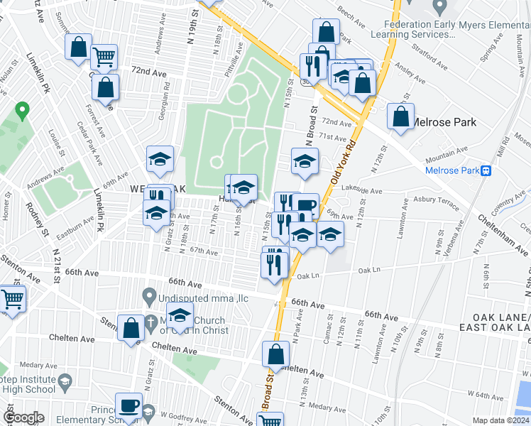 map of restaurants, bars, coffee shops, grocery stores, and more near 6818 North 15th Street in Philadelphia