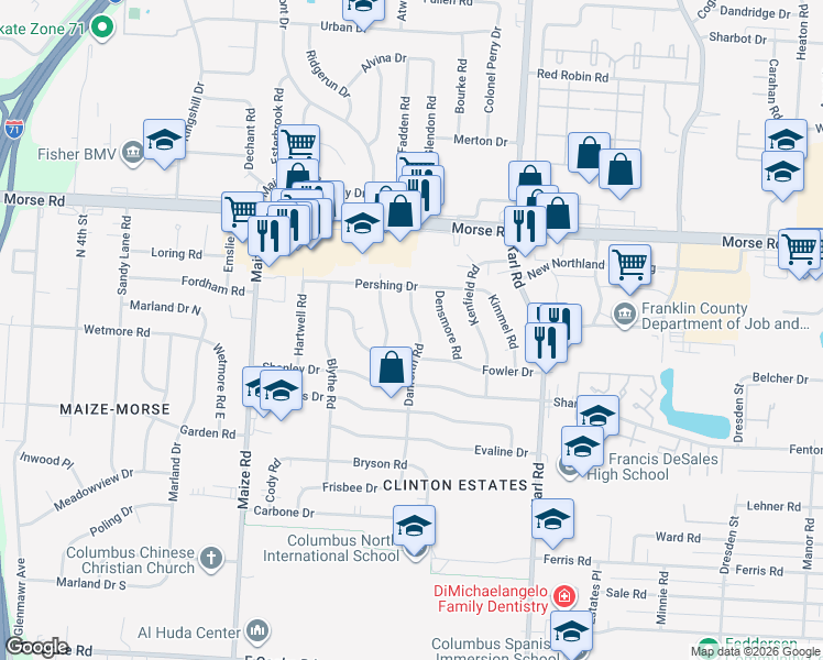 map of restaurants, bars, coffee shops, grocery stores, and more near 4459 Danforth Road in Columbus