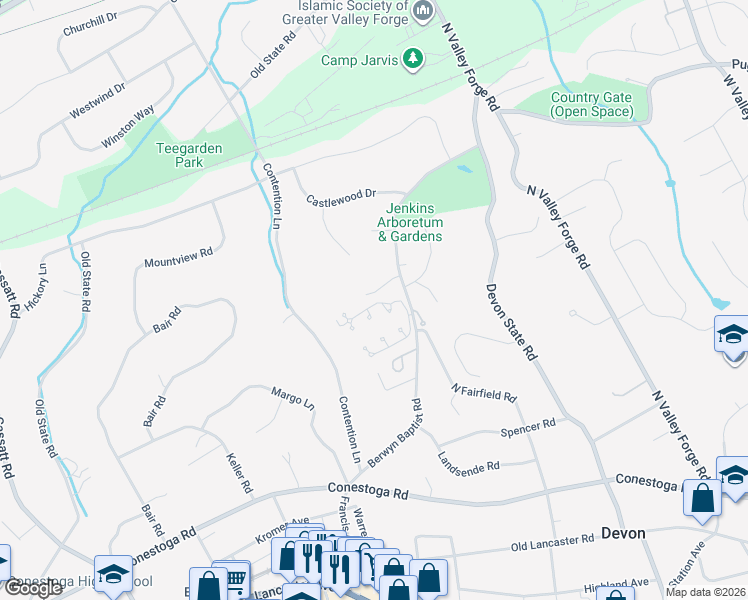 map of restaurants, bars, coffee shops, grocery stores, and more near 301 Brighton Road in Devon
