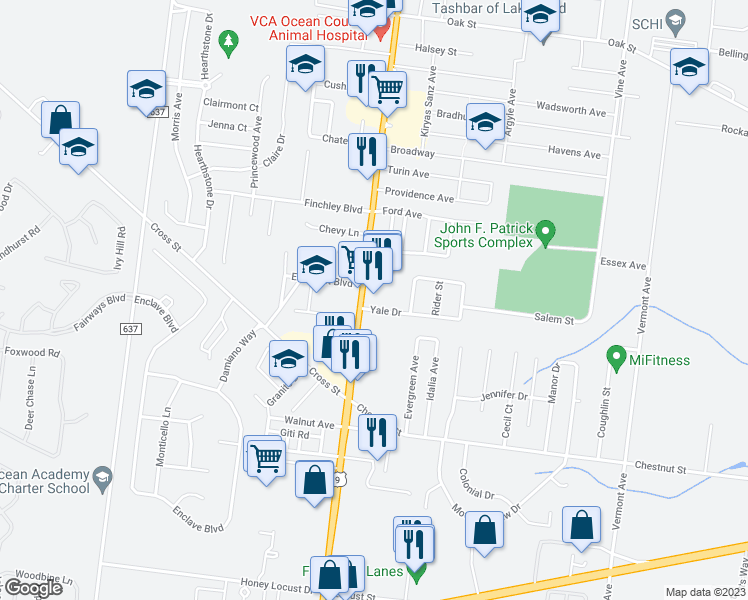map of restaurants, bars, coffee shops, grocery stores, and more near 1091 River Avenue in Lakewood Township