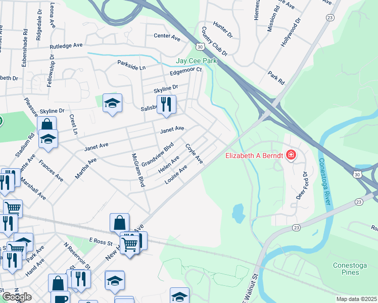 map of restaurants, bars, coffee shops, grocery stores, and more near 1068 Helen Avenue in Lancaster