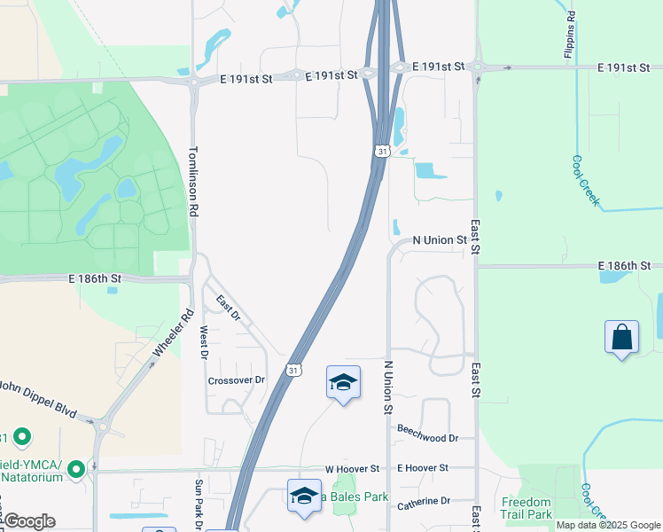 map of restaurants, bars, coffee shops, grocery stores, and more near N Meridian St in Westfield