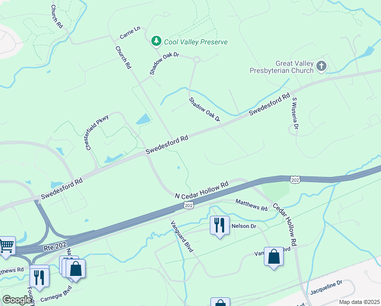 map of restaurants, bars, coffee shops, grocery stores, and more near 2390 Pineview Drive in Malvern