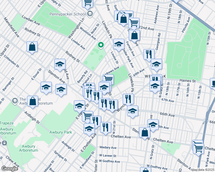 map of restaurants, bars, coffee shops, grocery stores, and more near 6921 Rodney Street in Philadelphia