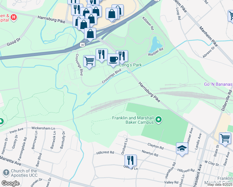 map of restaurants, bars, coffee shops, grocery stores, and more near in Lancaster