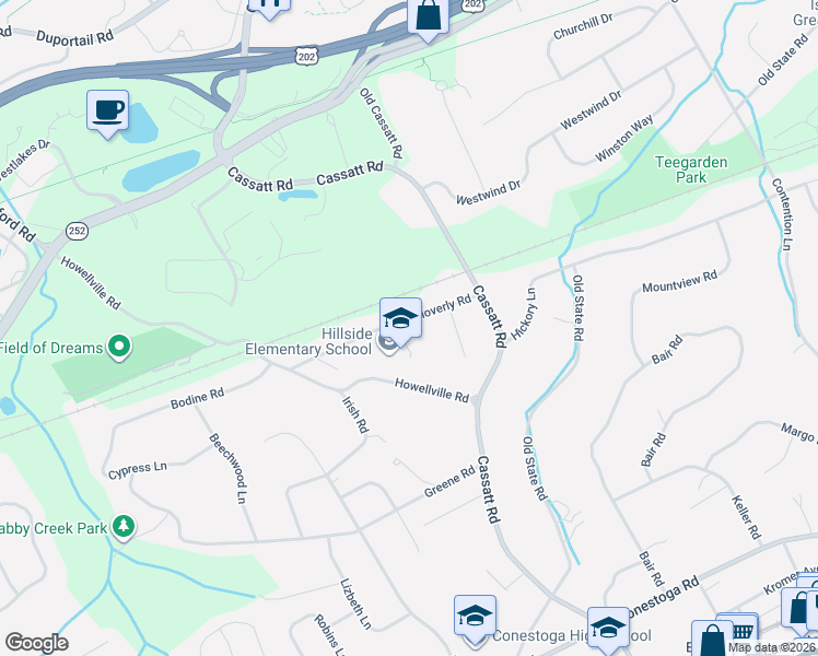 map of restaurants, bars, coffee shops, grocery stores, and more near 884 Cloverly Road in Berwyn