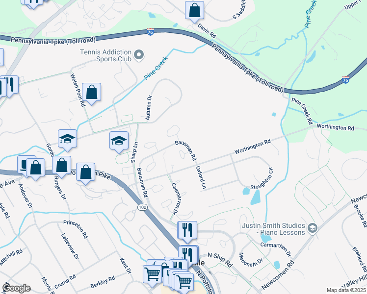 map of restaurants, bars, coffee shops, grocery stores, and more near 102 Pembroke Court in Exton