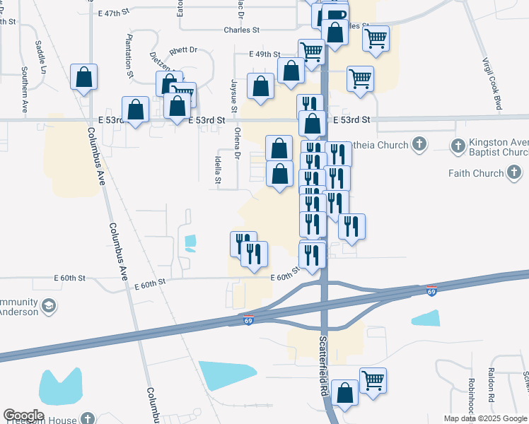 map of restaurants, bars, coffee shops, grocery stores, and more near 1900 Applewood Center Drive in Anderson