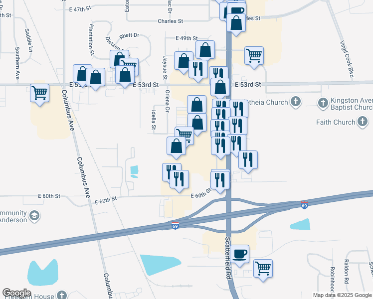 map of restaurants, bars, coffee shops, grocery stores, and more near 1900 Applewood Center Drive in Anderson