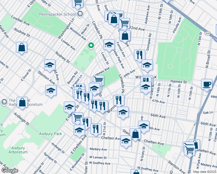 map of restaurants, bars, coffee shops, grocery stores, and more near 6855 Woolston Avenue in Philadelphia