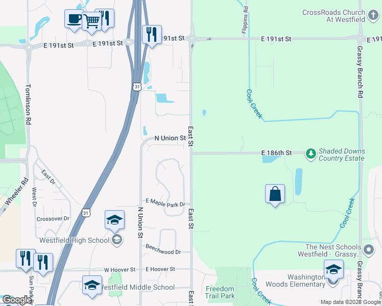 map of restaurants, bars, coffee shops, grocery stores, and more near 989 North East Street in Westfield