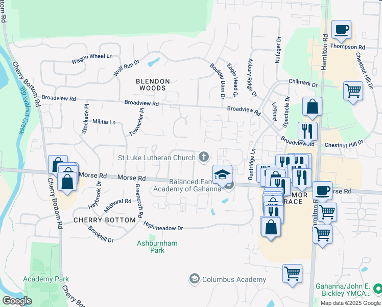 map of restaurants, bars, coffee shops, grocery stores, and more near 3980 Roxham Court in Columbus