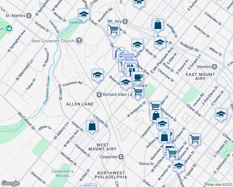 map of restaurants, bars, coffee shops, grocery stores, and more near 135 West Durham Street in Philadelphia