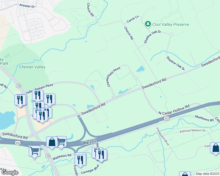map of restaurants, bars, coffee shops, grocery stores, and more near Chesterfield Parkway in Devault