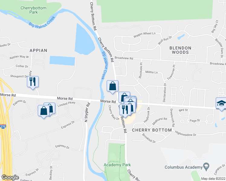 map of restaurants, bars, coffee shops, grocery stores, and more near 4885 Cherry Bottom Road in Columbus