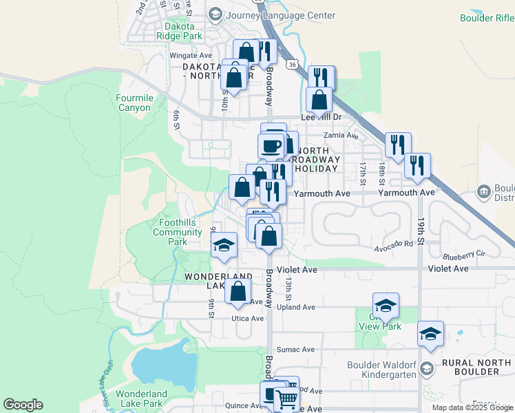map of restaurants, bars, coffee shops, grocery stores, and more near 1025 Rosewood Avenue in Boulder