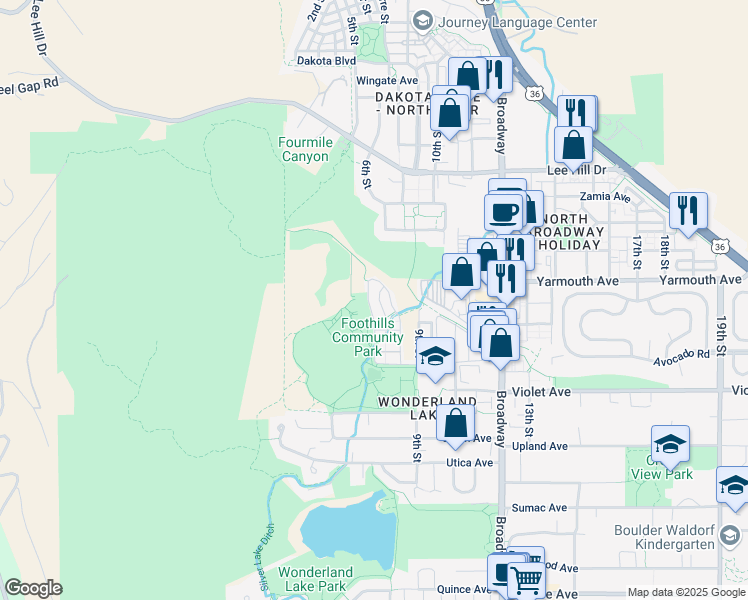 map of restaurants, bars, coffee shops, grocery stores, and more near 4542 7th Street in Boulder