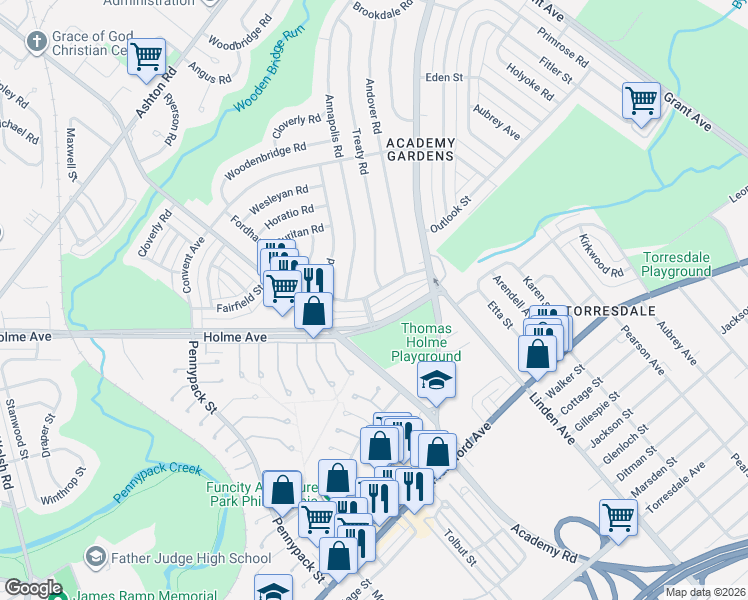 map of restaurants, bars, coffee shops, grocery stores, and more near 3266 Fordham Road in Philadelphia