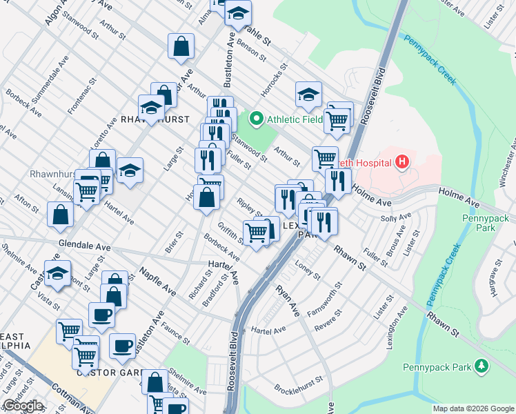 map of restaurants, bars, coffee shops, grocery stores, and more near 2337 Ripley Street in Philadelphia