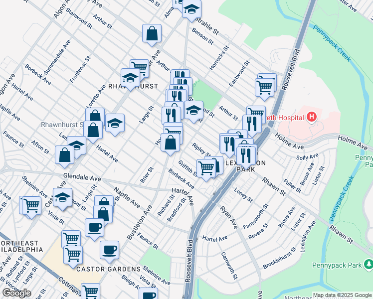 map of restaurants, bars, coffee shops, grocery stores, and more near 2315 Loney Street in Philadelphia