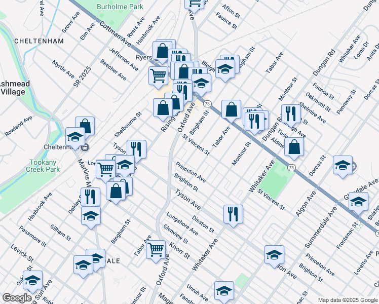 map of restaurants, bars, coffee shops, grocery stores, and more near 7142 Lawndale Avenue in Philadelphia