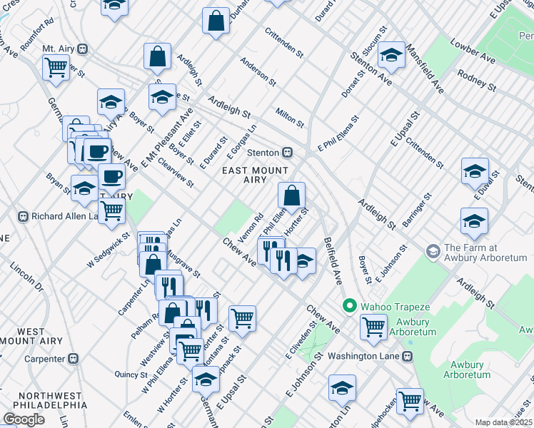 map of restaurants, bars, coffee shops, grocery stores, and more near 405 East Phil Ellena Street in Philadelphia