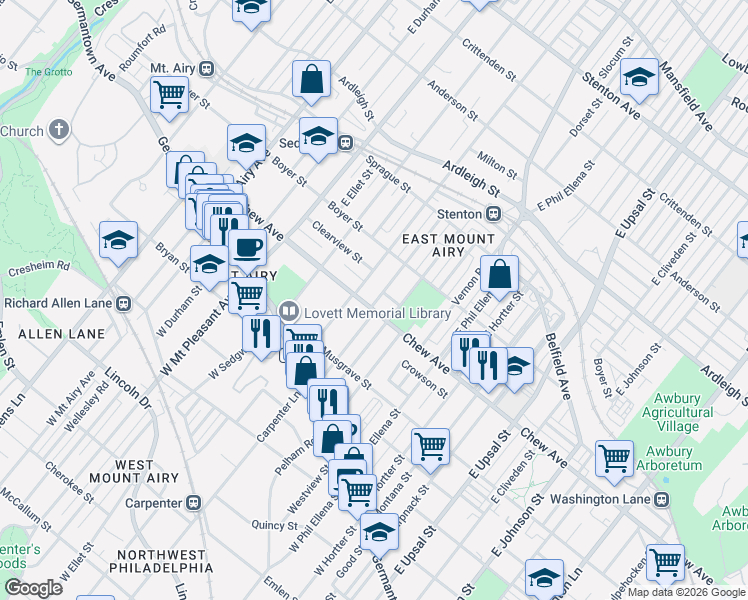 map of restaurants, bars, coffee shops, grocery stores, and more near 6824 Chew Avenue in Philadelphia