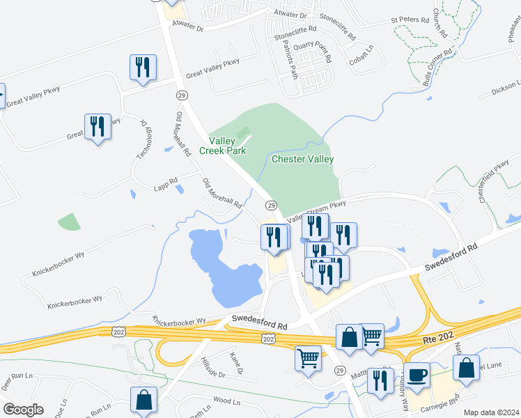 map of restaurants, bars, coffee shops, grocery stores, and more near 321 Old Morehall Road in Malvern