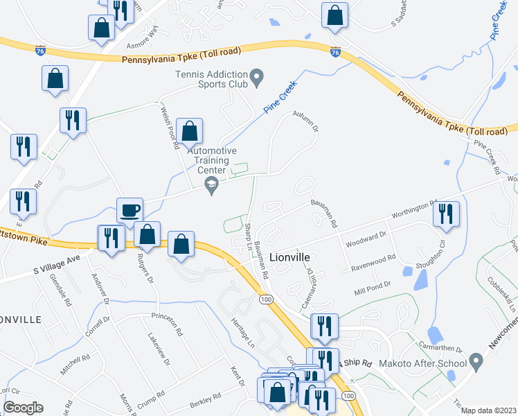 map of restaurants, bars, coffee shops, grocery stores, and more near 131 Talgrath Court in Exton