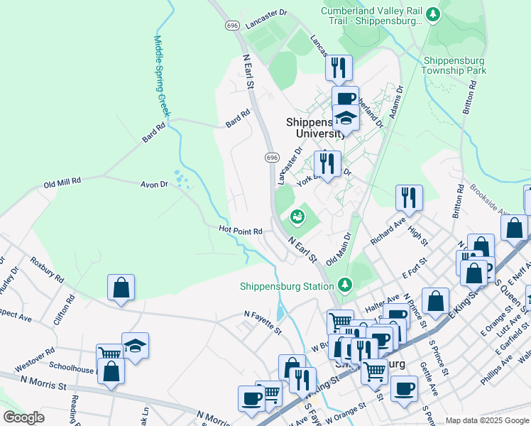 map of restaurants, bars, coffee shops, grocery stores, and more near 112 Middle Spring Avenue in Shippensburg