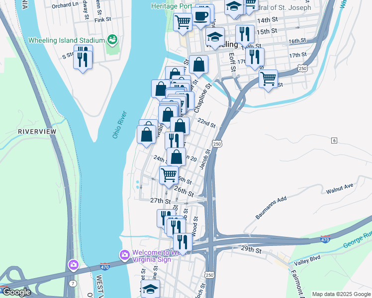 map of restaurants, bars, coffee shops, grocery stores, and more near 2314 Chapline Street in Wheeling