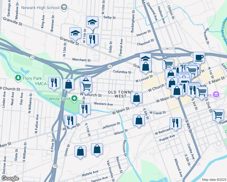 map of restaurants, bars, coffee shops, grocery stores, and more near 72 Flory Avenue in Newark