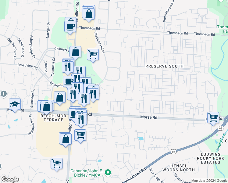 map of restaurants, bars, coffee shops, grocery stores, and more near 3940 Chestnut Ridge Loop in Columbus