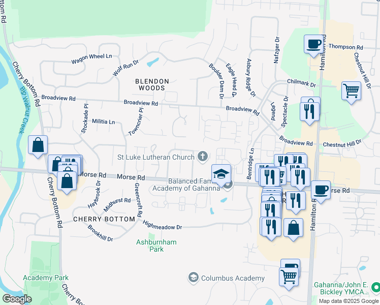 map of restaurants, bars, coffee shops, grocery stores, and more near 3980 Roxham Court in Columbus