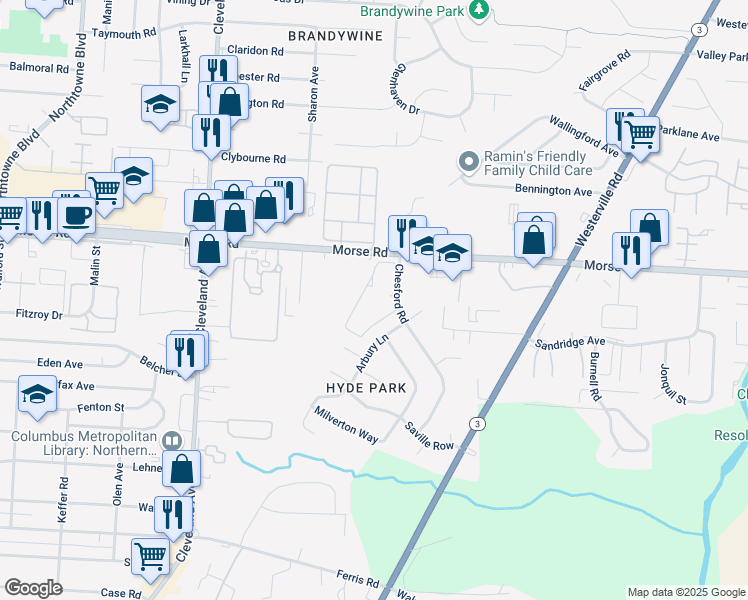 map of restaurants, bars, coffee shops, grocery stores, and more near 4301 Chesford Road in Columbus