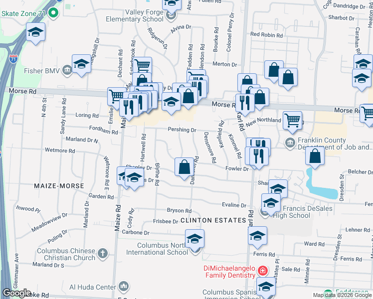 map of restaurants, bars, coffee shops, grocery stores, and more near 4459 Danforth Road in Columbus