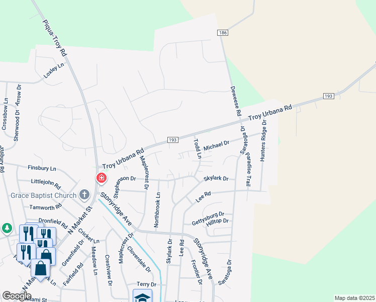map of restaurants, bars, coffee shops, grocery stores, and more near 1360 Michael Court in Troy