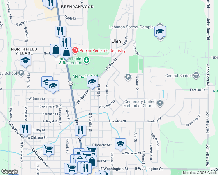 map of restaurants, bars, coffee shops, grocery stores, and more near 1208 Park Drive in Lebanon