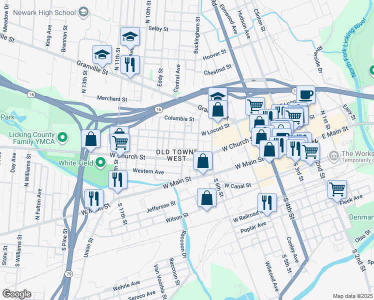 map of restaurants, bars, coffee shops, grocery stores, and more near 205 Mound Street in Newark