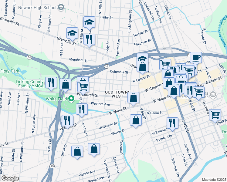 map of restaurants, bars, coffee shops, grocery stores, and more near 72 Flory Avenue in Newark