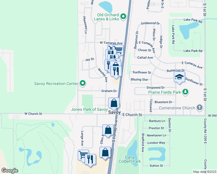 map of restaurants, bars, coffee shops, grocery stores, and more near 306 Wesley Avenue in Savoy